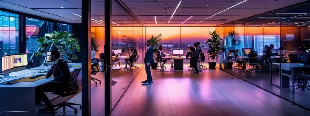 a futuristic office space is illuminated by sleek led lights, showcasing a vibrant blend of technology and collaboration among diverse professionals engaged in dynamic discussions around modern workstations.
