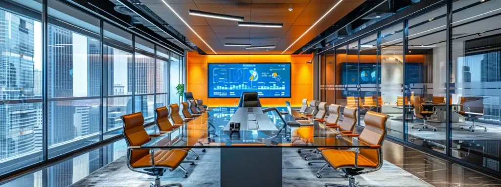 a sleek, modern conference room featuring a large glass table surrounded by contemporary chairs, illuminated by sharp overhead lighting, emphasizing a central digital screen displaying vibrant graphs and analytics.