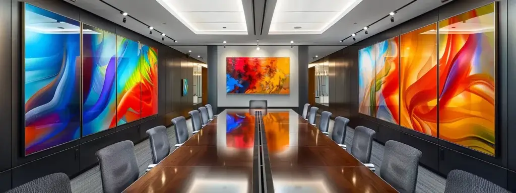 a sleek, modern office space featuring a polished conference table surrounded by ergonomic chairs, illuminated by dramatic overhead lighting that enhances the vibrant colors of the abstract artwork on the walls, creating an atmosphere of collaboration and innovation.