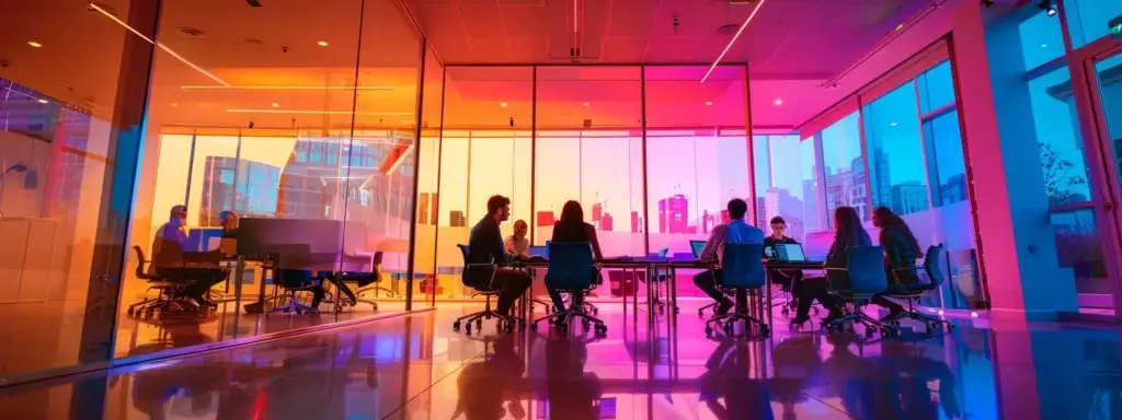 a sleek, modern office space illuminated by vibrant led lights showcases a diverse team engaged in an intense brainstorming session, emphasizing collaboration and innovation in a dynamic urban environment.